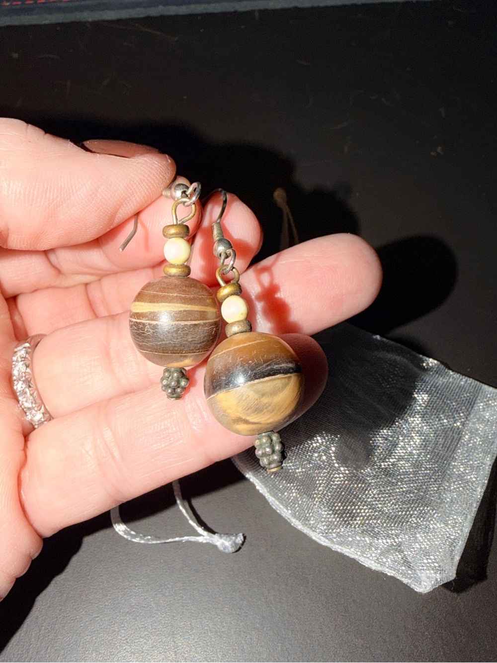 Vintage Silver & Brown Wooden Bead Drop Earrings - Lightweight Women Jewelry